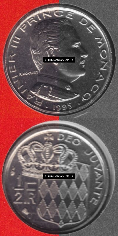 Münzen Monaco Umlaufmünze 1965-1995, 0.50 Fr, Franc, Franken Rainier III Prince de Monaco 1995, Münzseiten Untereinander als... Sammlung