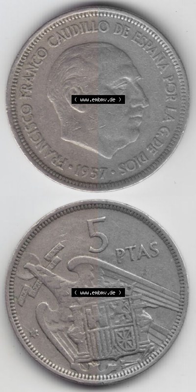 Münzen Spanien Umlaufmünze 1957, 1957-1975, 5 PTAS, Peseten 1958, Münze aus Spanien, Umlaufmünze / aus Zahlungsverkehr mit... Sammlung