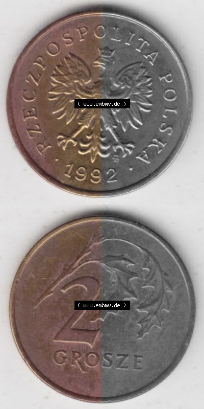 Münzen Polen Umlaufmünze 1990-2014, 2 Grosze 1992, Münzseiten Untereinander als Bildmaterial Sammlung
