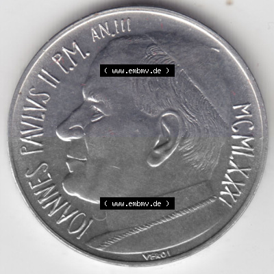 Münzen Vatikan / Vatikanstadt Umlaufmünze 1981-1981, 10 Lire Papst Johannes Paul II, Bild mit Vorderseite der Münze als Bildmaterial.... Sammlung