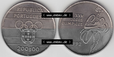 Münzen Portugal Gedenkmünze 1992-1992, 200 Escudo, XXV Jogos Olimpicos. Vorderseite und Rückseite auf einen Bild/Foto der portugiesischen... Sammlung