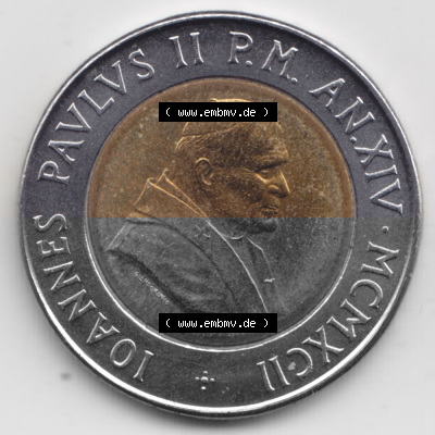 Münzen Vatikan / Vatikanstadt Umlaufmünze 1992-1992, 500 Lire Papst Giovanni Paolo II, Bild mit Vorderseite der Münze als Bildmaterial.... Sammlung