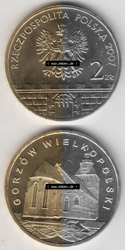 Münzen Polen Gedenkmünze 2007-2007, 2 Zloty, Historische Städte in Polen - Landsberg an der Warthe, Münzseiten Untereinander... Sammlung