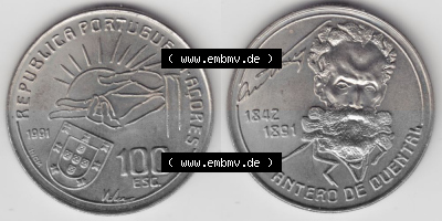 Münzen Portugal Gedenkmünze 1991-1991, 100 Escudos Antero de Quental, 1842-1891. Vorderseite und Rückseite auf einen Bild/Foto... Sammlung