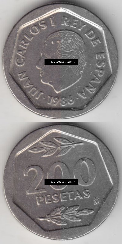 Münzen Spanien Umlaufmünze 1986-1988, 200 Pesetas - Peseten 1986, Münze aus Spanien -.-.-Bildmaterial des Münzbildes Sammlung