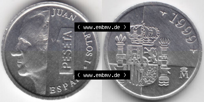 Münzen Spanien Umlaufmünze 1989-2001, 1 Peseta, Pesete 1999, Bild mit Vollansicht als Bildmaterial Sammlung