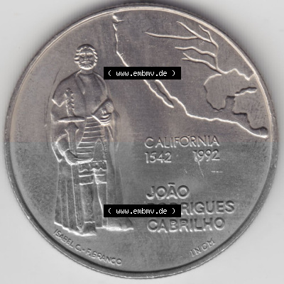 Münzen Portugal Gedenkmünze 1992-1992, 200 Escudos, California 1542-1992, Joao Rodrigues Cabrilho. Rückseite der portugiesischen... Sammlung