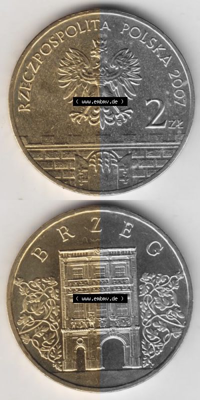 Münzen Polen Gedenkmünze 2007-2007, 2 Zloty, Historische Städte in Polen - Brzeg, Münzseiten Untereinander als Bildmaterial Sammlung