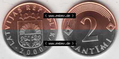 Münzen Lettland Umlaufmünze 1992-2009, 2 Santimi 2000, Bild mit horizontaler Vollansicht als Bildmaterial Sammlung