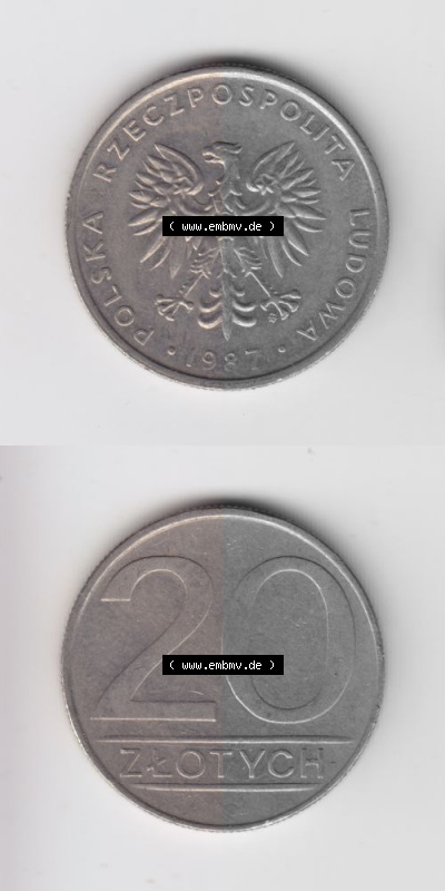 Münzen Polen Umlaufmünze 1984-1988, 20 Zlotych 1987, Münzseiten Untereinander als Bildmaterial Sammlung