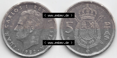 Münzen Spanien Umlaufmünze 1982-1989, 5 PETAS, Peseten 1982 (3) Sammlung
