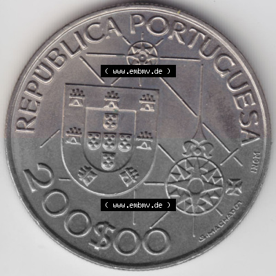 Münzen Portugal Gedenkmünze 1992-1992, 200 Escudos, America 1492-1992, Novomundo, Xpo Perens. Vorderseite der Gedenkmünze aus... Sammlung