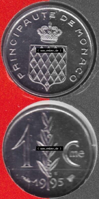 Münzen Monaco Umlaufmünze 1976-1995, Centime 1995, Münzseiten Untereinander als Bildmaterial Sammlung