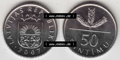 Münzen Lettland Umlaufmünze 1992-2009, 50 Santimu 2007, Bild mit horizontaler Vollansicht als Bildmaterial Sammlung