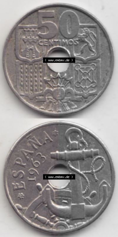 Münzen Spanien Umlaufmünze 1949-1963, 50 Centimos 1963, Münze aus Spanien, Umlaufmünze / aus Zahlungsverkehr mit Münzseiten... Sammlung
