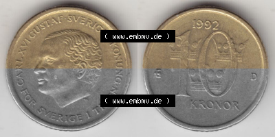 Münzen Schweden Umlaufmünze 1991-2000, 10 Kronen 1992, Bild mit Vollansicht als Bildmaterial Sammlung