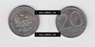 Münzen Polen Umlaufmünze 1989-1990, 20 Zlotych 1989, Bild mit Vollansicht als Bildmaterial Sammlung