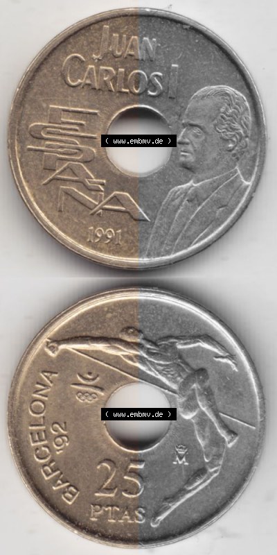 Münzen Spanien Umlaufmünze 1990-1991, 25 PTAS - Peseten 1991, Münze aus Spanien -.-.-Bildmaterial des Münzbildes Sammlung