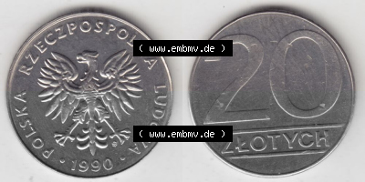 Münzen Polen Umlaufmünze 1989-1990, 20 Zlotych 1990, Bild mit Vollansicht als Bildmaterial Sammlung