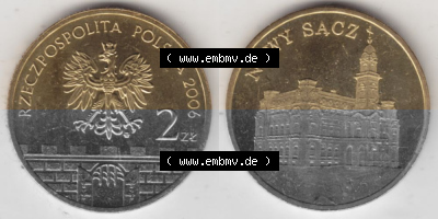 Münzen Polen Gedenkmünze 2006-2006, 2 Zloty, Historische Städte Polens - Nowy Sacz, Bild mit Vollansicht als Bildmaterial Sammlung