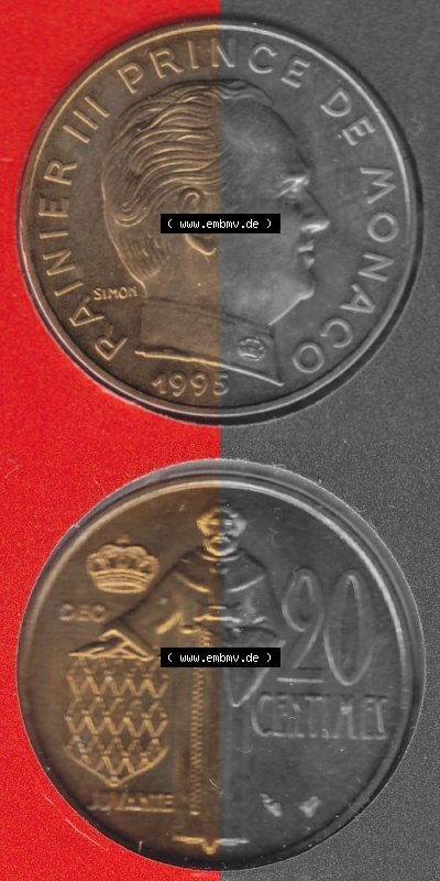 Münzen Monaco Umlaufmünze 1962-1995, 20 Centimes 1995, Münzseiten Untereinander als Bildmaterial Sammlung
