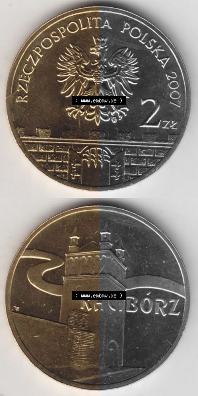 Münzen Polen Gedenkmünze 2007-2007, 2 Zloty, Historische Städte in Polen - Ratibor, Münzseiten Untereinander als Bildmaterial Sammlung
