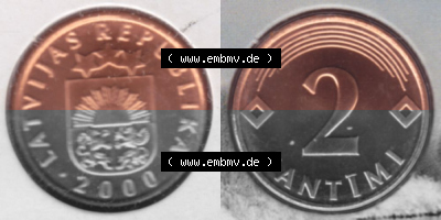 Münzen Lettland Umlaufmünze 1992-2009, 2 Centimes 2000, aus Münzensatz Bild mit horizontaler Vollansicht als Bildmaterial Sammlung
