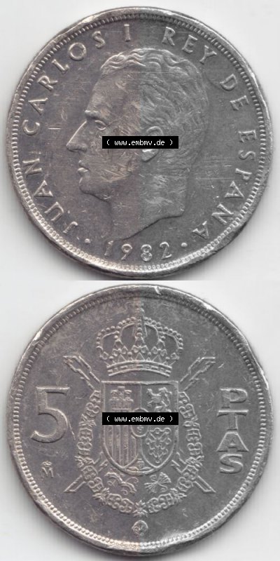 Münzen Spanien Umlaufmünze 1982-1989, 5 PETAS, Peseten 1982, Münze aus Spanien -.-.-Bildmaterial des Münzbildes Sammlung