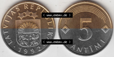 Münzen Lettland Umlaufmünze 1992-2009, 5 Santimi 1992, Bild mit horizontaler Vollansicht als Bildmaterial Sammlung