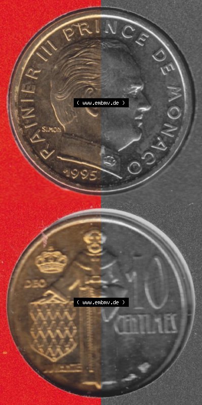 Münzen Monaco Umlaufmünze 1962-1995, 10 Centimes 1995, Münzseiten Untereinander als Bildmaterial Sammlung