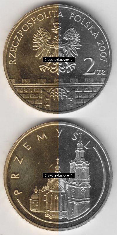 Münzen Polen Gedenkmünze 2007-2007, 2 Zloty, Historische Städte in Polen - Przemysl, Münzseiten Untereinander als Bildmaterial Sammlung