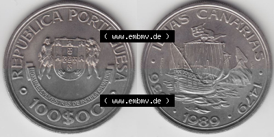 Münzen Portugal Gedenkmünze 1989-1989, 100 Escudos Ilhas Canarias. Vorderseite und Rückseite auf einen Bild/Foto der portugiesischen... Sammlung