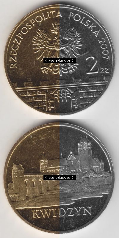 Münzen Polen Gedenkmünze 2007-2007, 2 Zloty, Historische Städte in Polen - Marienwerder, Münzseiten Untereinander als Bildmaterial Sammlung
