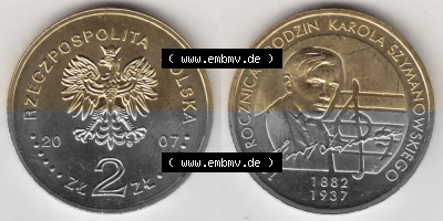 Münzen Polen Gedenkmünze 2007-2007, 2 Zloty, 125. Geburtstag von Karol Szymanowski, Bild mit Vollansicht als Bildmaterial Sammlung