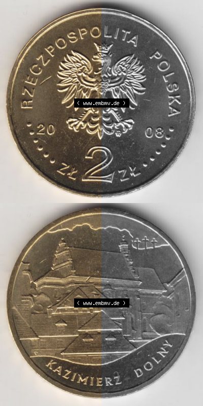 Münzen Polen Gedenkmünze 2008-2008, 2 Zloty, Kulturdenkmäler Polens - Kazimierz Dolny, Münzseiten Untereinander als Bildmaterial Sammlung