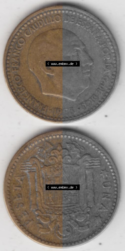 Münzen Spanien Umlaufmünze 1946-1963, 1 Peseta-Pesete 19x3, Münze aus Spanien, Umlaufmünze / aus Zahlungsverkehr mit Münzseiten... Sammlung