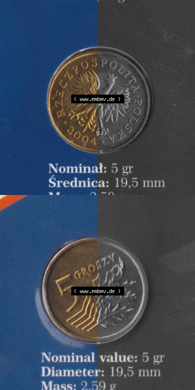 Münzen Polen KMS Umlaufmünze 2004, 5 Groszy, Münzseiten Untereinander als Bildmaterial Sammlung