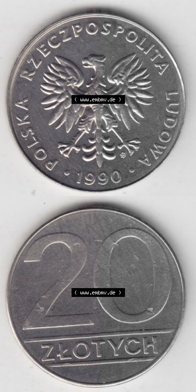 Münzen Polen Umlaufmünze 1989-1990, 20 Zlotych 1990, Münzseiten Untereinander als Bildmaterial Sammlung