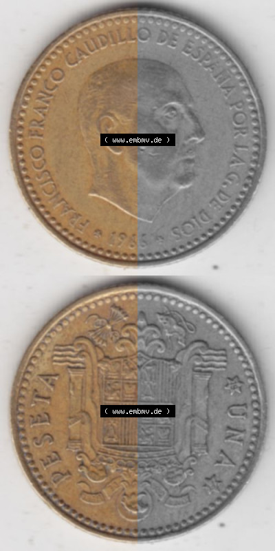 Münzen Spanien Umlaufmünze 1966-1966, 1 Peseta, Pesete, Münze aus Spanien, Umlaufmünze / aus Zahlungsverkehr mit Münzseiten... Sammlung