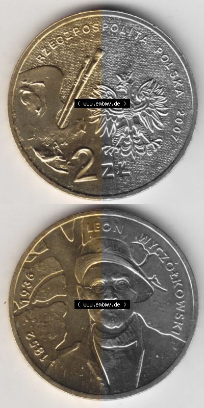 Münzen Polen Gedenkmünze 2007-2007, 2 Zloty, Polnische Maler - Leon Wyczolkowski, Münzseiten Untereinander als Bildmaterial Sammlung