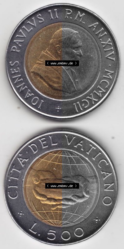 Münzen Vatikan / Vatikanstadt Umlaufmünze 1992-1992, 500 Lire Papst Giovanni Paolo II, Münzseiten Untereinander als Bildmaterial.... Sammlung
