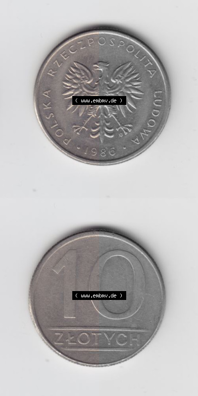 Münzen Polen Umlaufmünze 1984-1988, 10 Zlotych 1986, Münzseiten Untereinander als Bildmaterial Sammlung