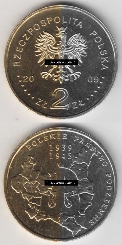 Münzen Polen Gedenkmünze 2009-2009, 2 Zloty, 70. Jahrestag - polnische Untergrundbewegung, Münzseiten Untereinander als Bildmaterial Sammlung