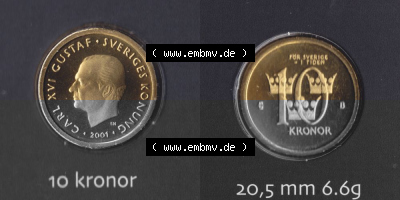 Münzen Schweden Umlaufmünze 2001-2009, 10 Kronen 2001 KMS, Bild mit Vollansicht als Bildmaterial Sammlung