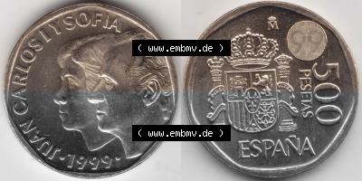 Münzen Spanien Umlaufmünze 1993-2001, 500 PTAS, Peseten 1999, Bild mit Vollansicht als Bildmaterial Sammlung