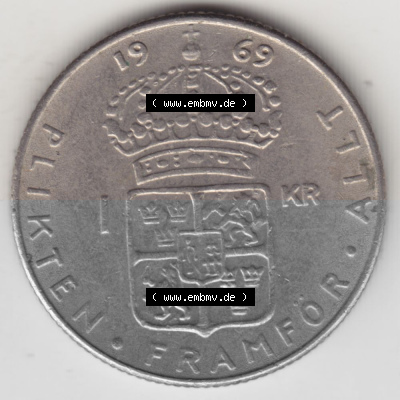 Münzen Schweden Umlaufmünze 1968-1973, 1 Krone 1969, Bild mit Rückseite der Münze als Bildmaterial Sammlung