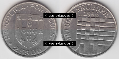 Münzen Portugal Gedenkmünze 1986-1986, 25 Escudos Portugal-Europa 1986. Vorderseite und Rückseite auf einen Bild/Foto der portugiesischen... Sammlung