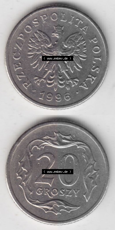 Münzen Polen Umlaufmünze 1990-2016, 20 Groszy 1996, Münzseiten Untereinander als Bildmaterial Sammlung
