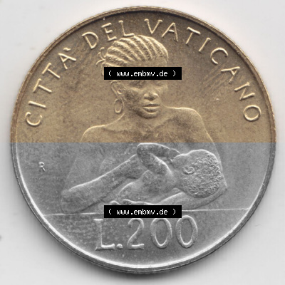 Münzen Vatikan / Vatikanstadt Umlaufmünze 1992-1992, 200 Lire Papst Giovanni Paolo II, Bild mit Rückseite der Münze als Bildmaterial.... Sammlung
