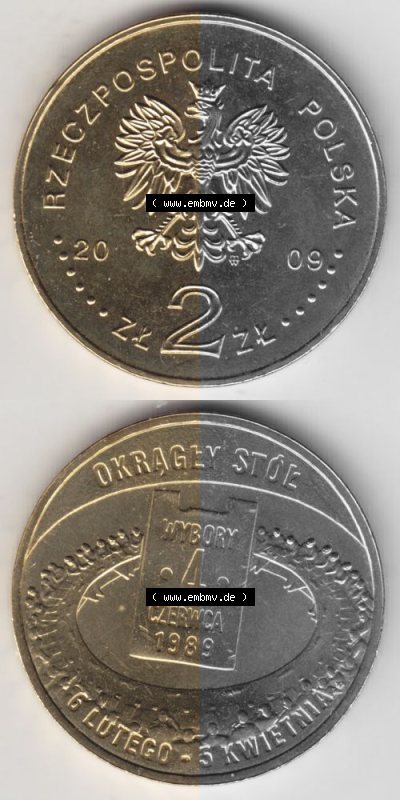 Münzen Polen Gedenkmünze 2009-2009, 2 Zloty, Parlamentswahlen am 4. Juni 1989, Münzseiten Untereinander als Bildmaterial Sammlung